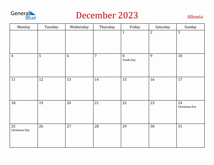 Albania December 2023 Calendar - Monday Start