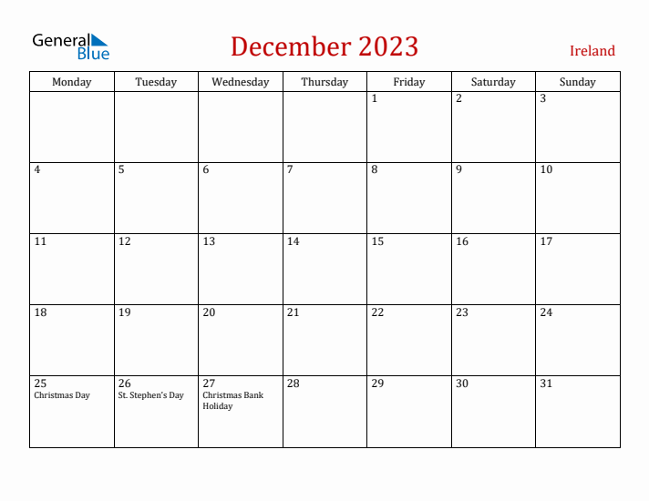 Ireland December 2023 Calendar - Monday Start