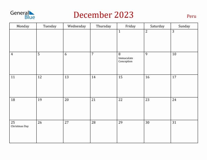 Peru December 2023 Calendar - Monday Start