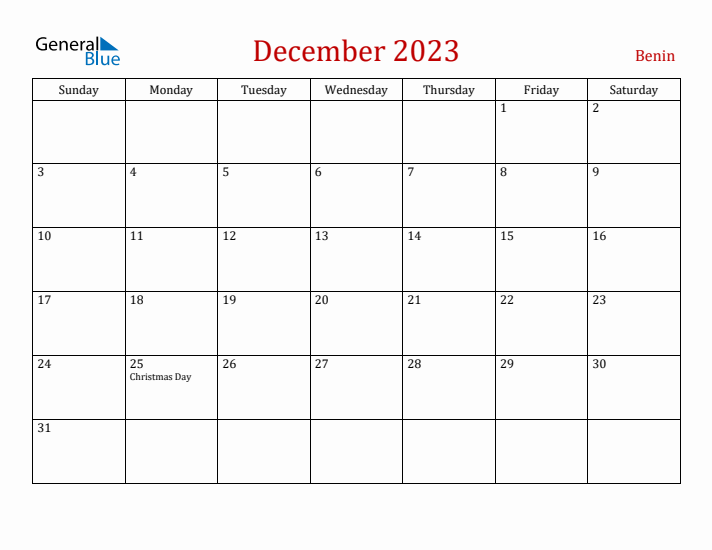 Benin December 2023 Calendar - Sunday Start