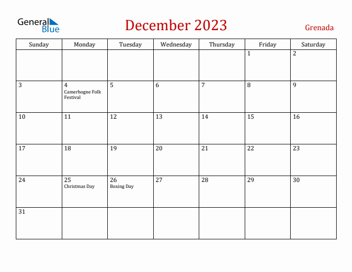 Grenada December 2023 Calendar - Sunday Start