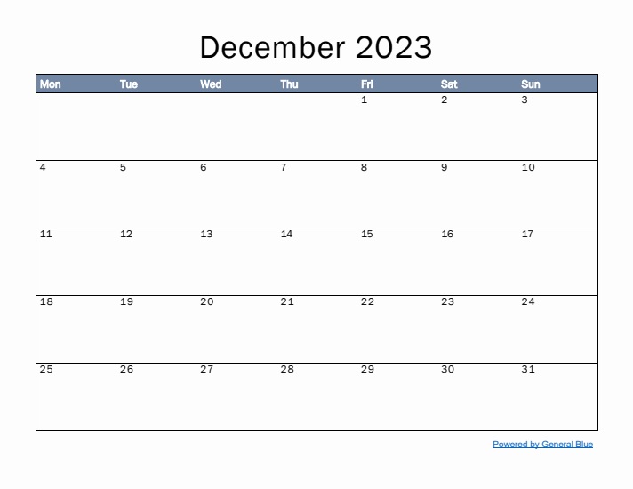 December 2023 Simple Month Calendar Template