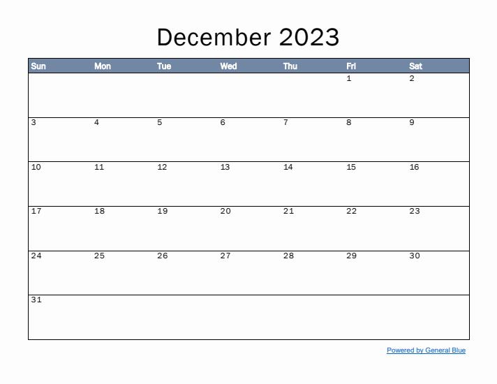 December 2023 Simple Month Calendar Template