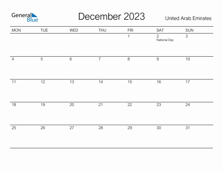 Printable December 2023 Calendar for United Arab Emirates