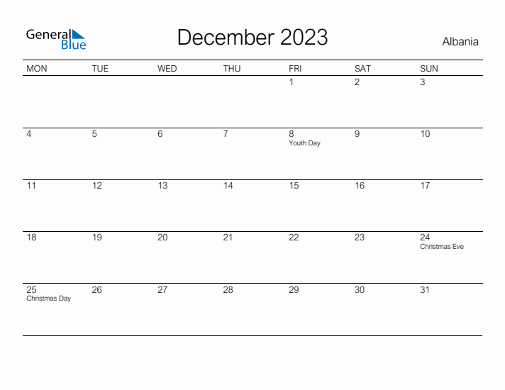 Printable December 2023 Calendar for Albania