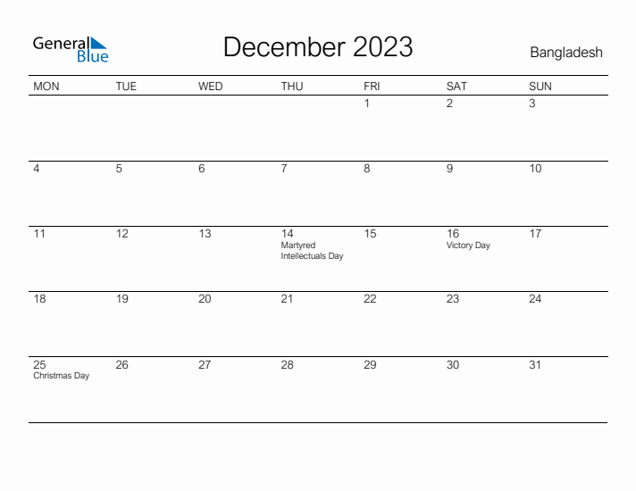 Printable December 2023 Calendar for Bangladesh