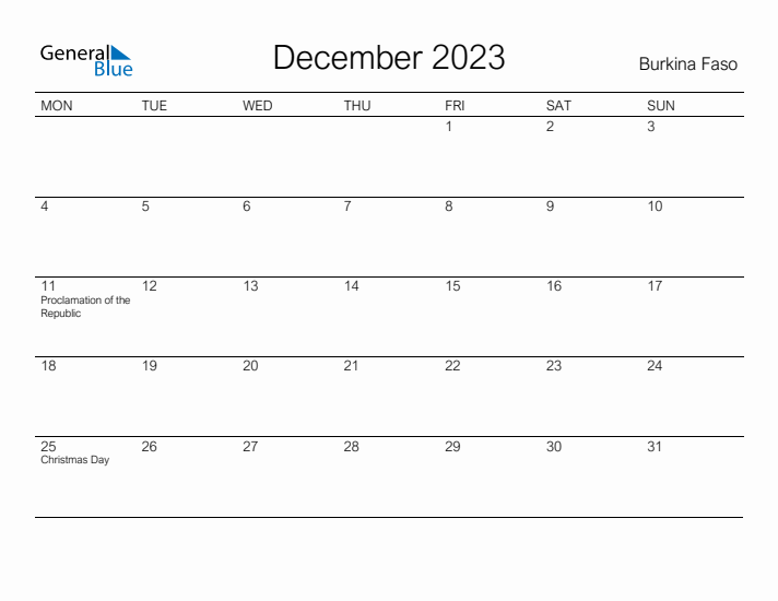 Printable December 2023 Calendar for Burkina Faso