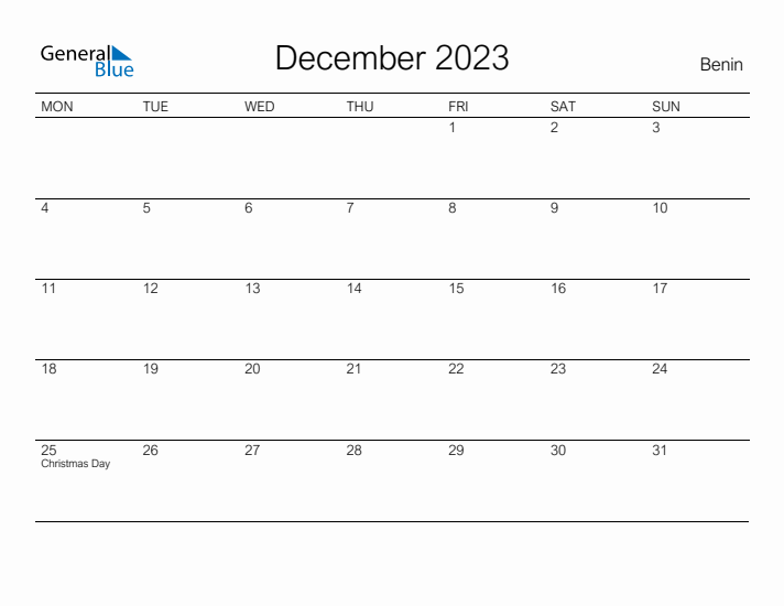 Printable December 2023 Calendar for Benin