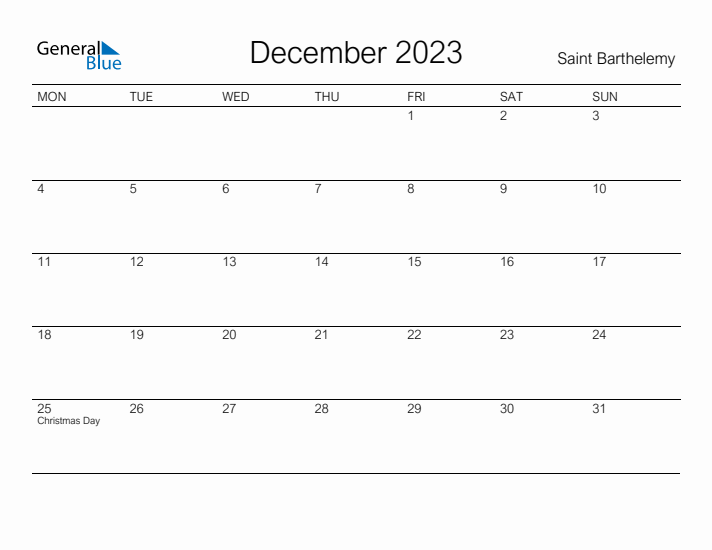 Printable December 2023 Calendar for Saint Barthelemy