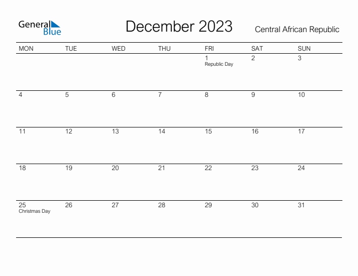 Printable December 2023 Calendar for Central African Republic