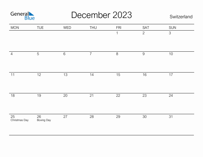 Printable December 2023 Calendar for Switzerland