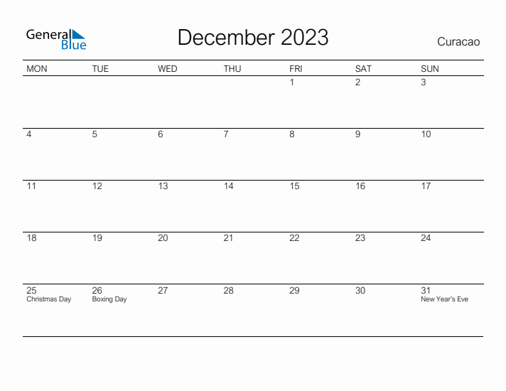 Printable December 2023 Calendar for Curacao