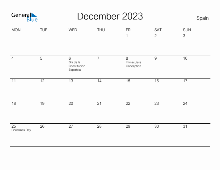 Printable December 2023 Calendar for Spain