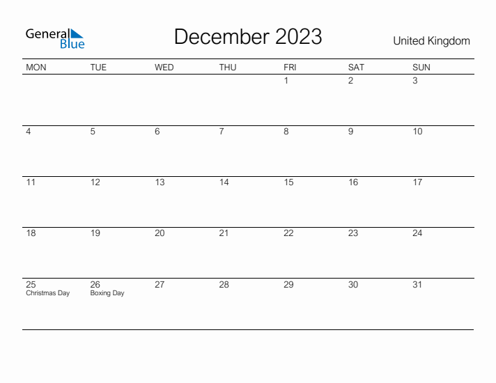 Printable December 2023 Calendar for United Kingdom