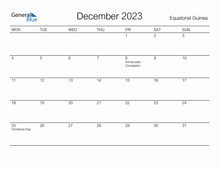 Printable December 2023 Calendar for Equatorial Guinea