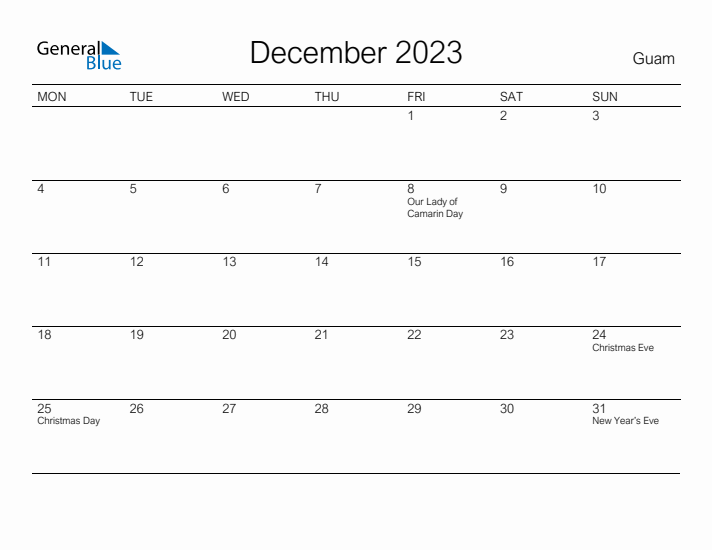 Printable December 2023 Calendar for Guam