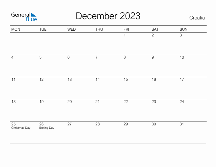 Printable December 2023 Calendar for Croatia