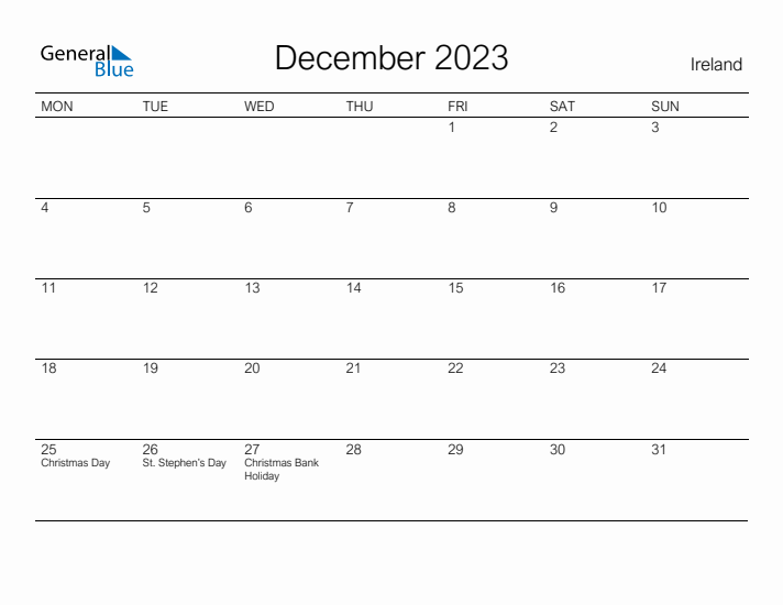 Printable December 2023 Calendar for Ireland