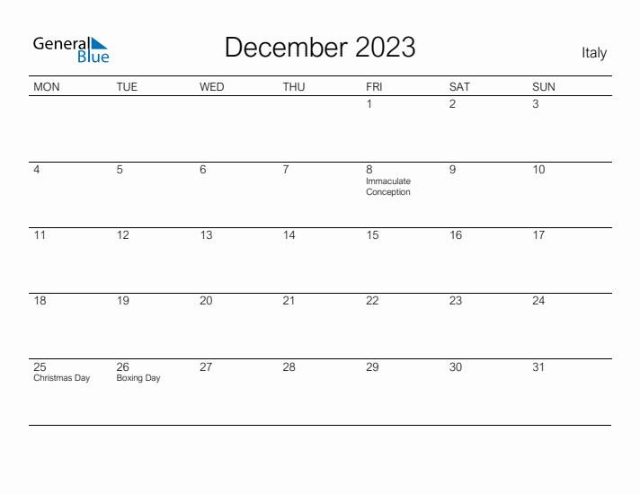 Printable December 2023 Calendar for Italy