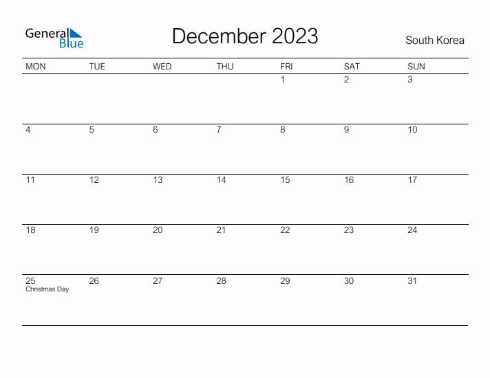 Printable December 2023 Calendar for South Korea