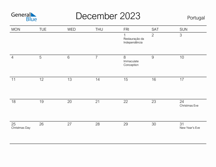 Printable December 2023 Calendar for Portugal