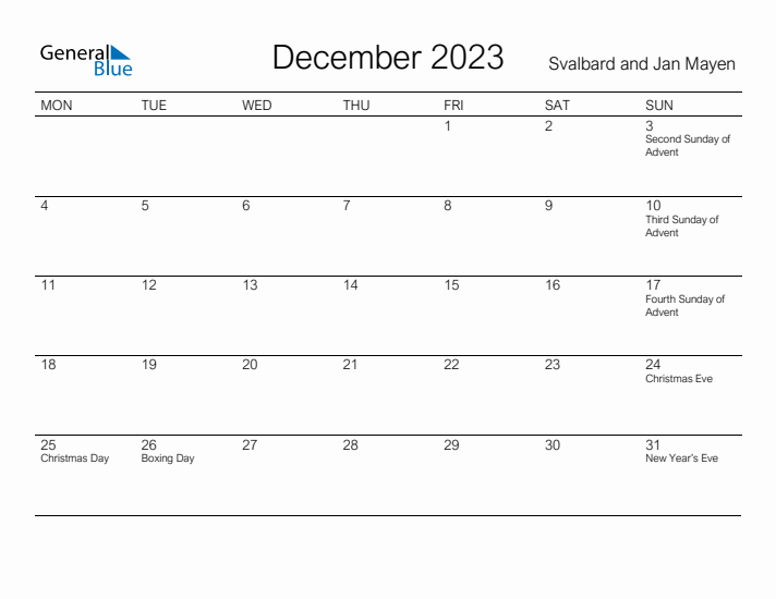 Printable December 2023 Calendar for Svalbard and Jan Mayen