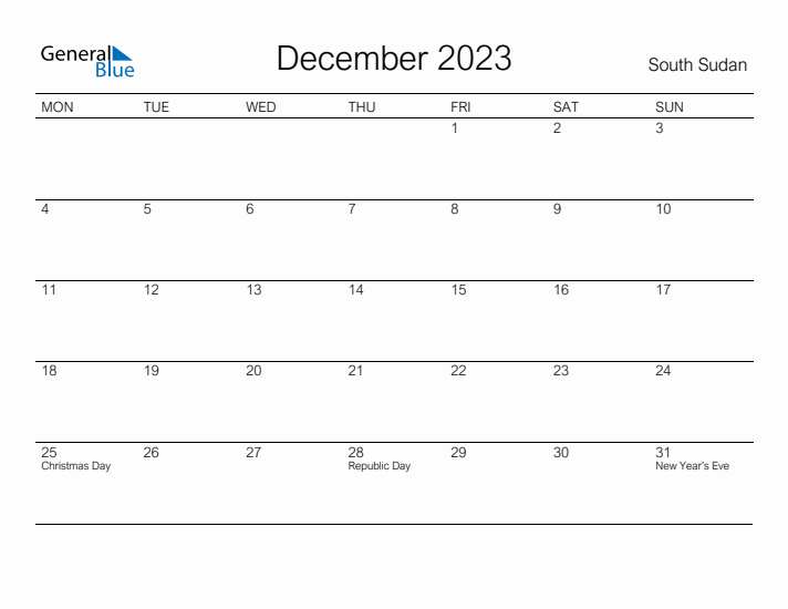 Printable December 2023 Calendar for South Sudan