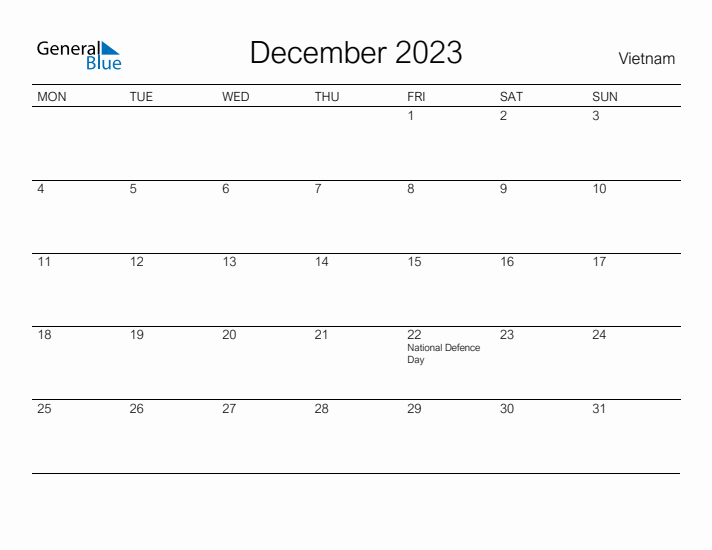 Printable December 2023 Calendar for Vietnam