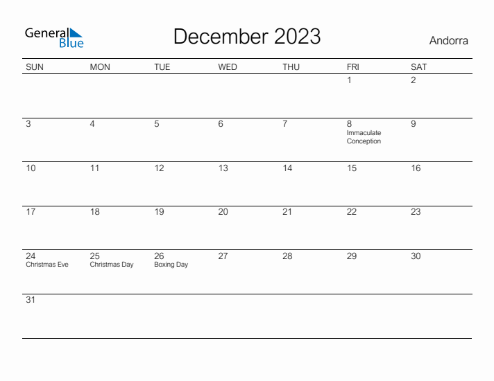 Printable December 2023 Calendar for Andorra