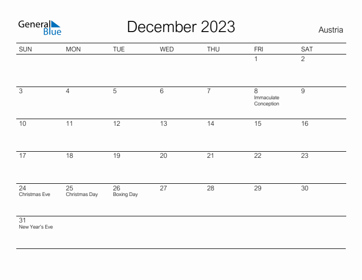 Printable December 2023 Calendar for Austria