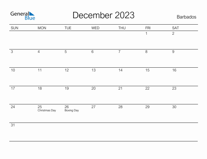 Printable December 2023 Calendar for Barbados