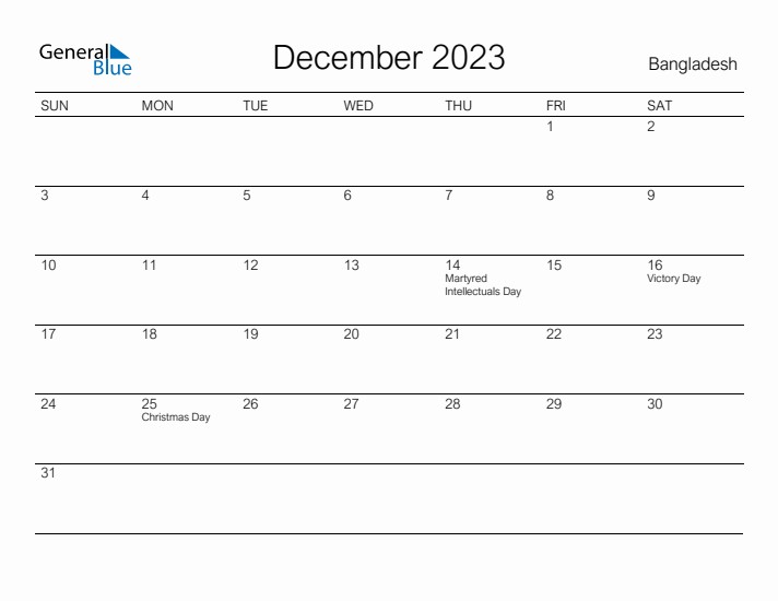 Printable December 2023 Calendar for Bangladesh