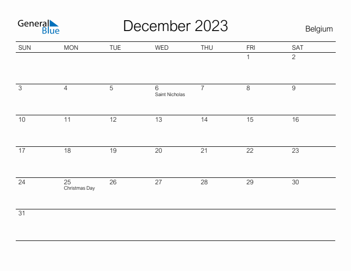 Printable December 2023 Calendar for Belgium