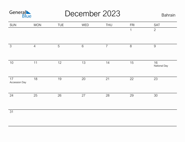 Printable December 2023 Calendar for Bahrain