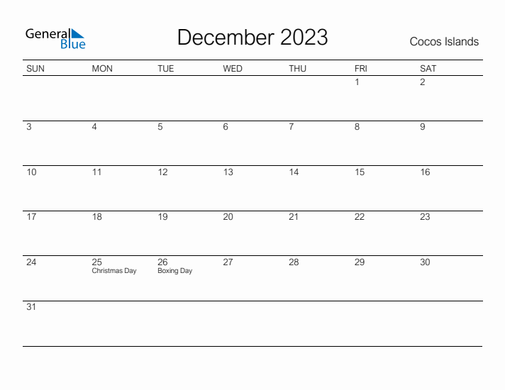 Printable December 2023 Calendar for Cocos Islands