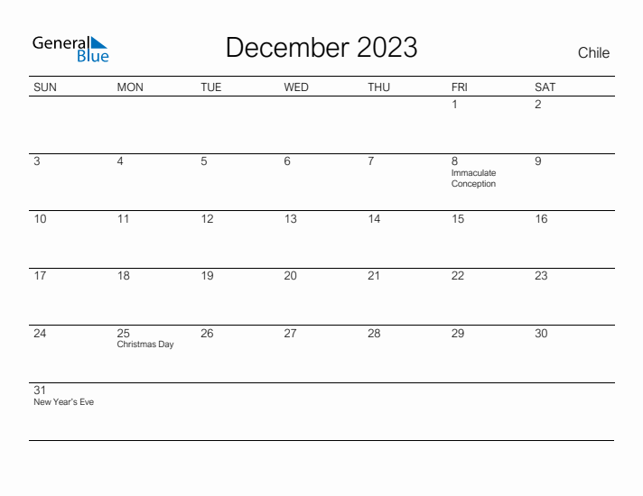 Printable December 2023 Calendar for Chile