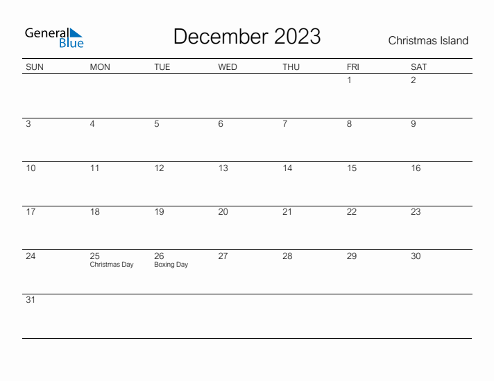 Printable December 2023 Calendar for Christmas Island