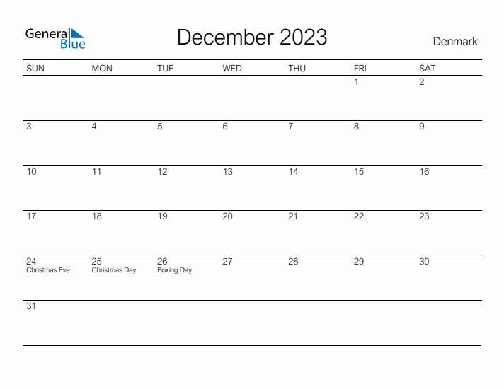 Printable December 2023 Calendar for Denmark