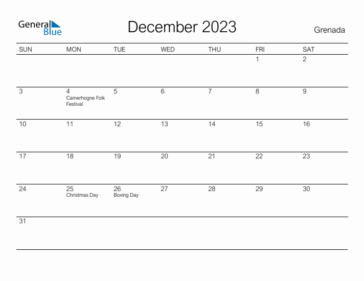 Printable December 2023 Calendar for Grenada