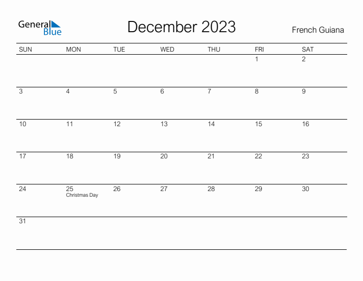 Printable December 2023 Calendar for French Guiana