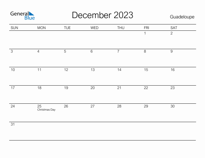 Printable December 2023 Calendar for Guadeloupe