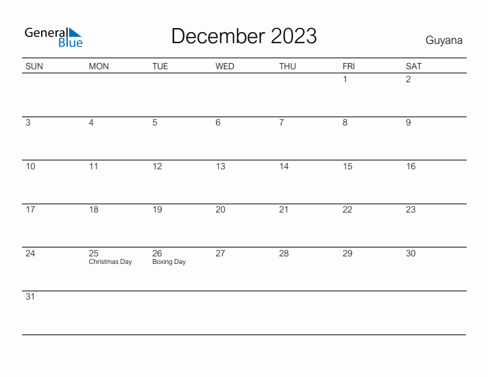 Printable December 2023 Calendar for Guyana