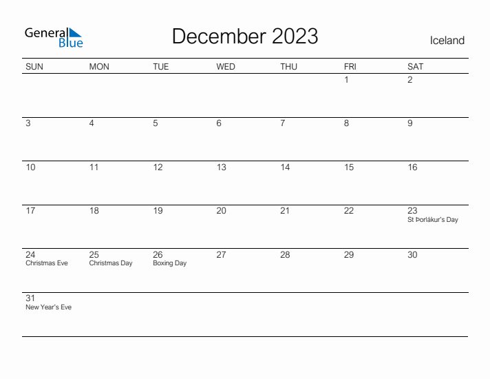 Printable December 2023 Calendar for Iceland