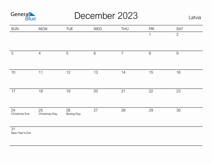 Printable December 2023 Calendar for Latvia