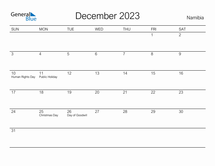 Printable December 2023 Calendar for Namibia