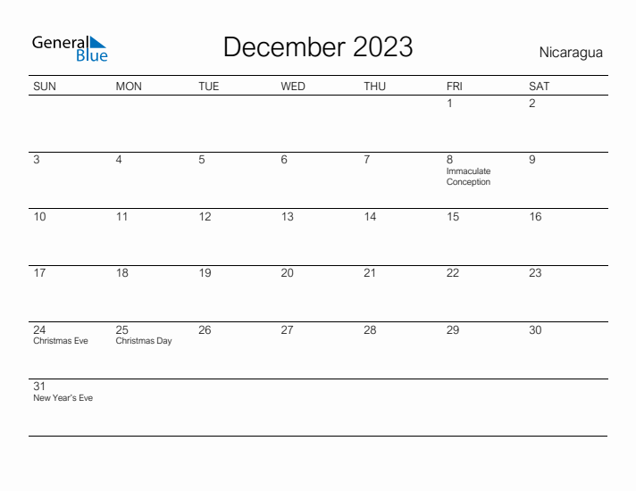 Printable December 2023 Calendar for Nicaragua