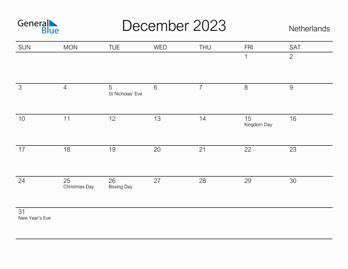 Printable December 2023 Calendar for The Netherlands