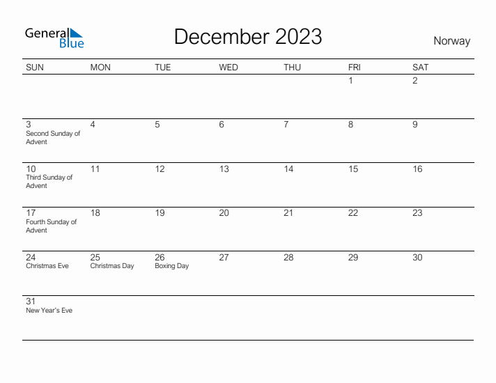 Printable December 2023 Calendar for Norway