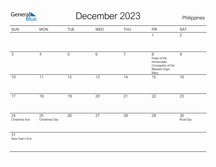 Printable December 2023 Calendar for Philippines