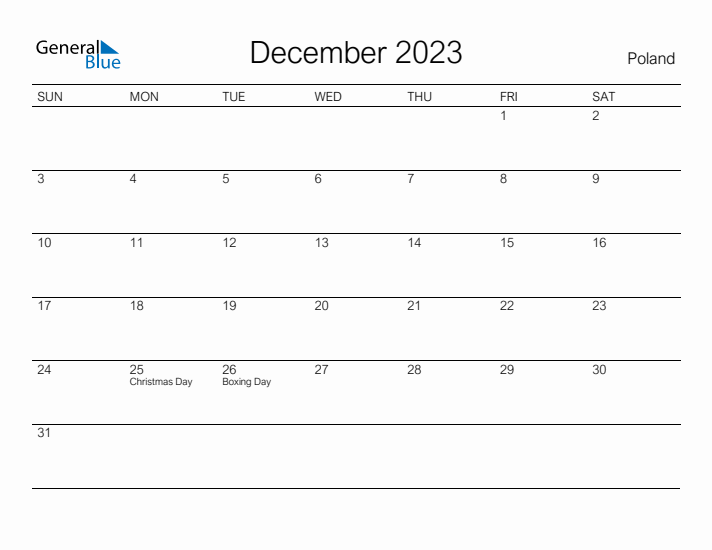 Printable December 2023 Calendar for Poland